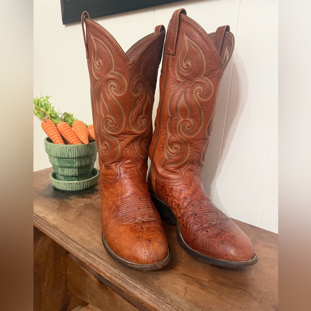 VTG Tony Lama USA Men's Quill & Smooth Ostrich Cowboy Western  Boots CF558